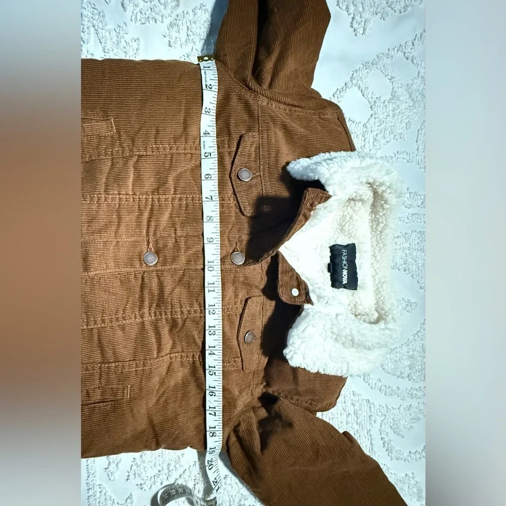 Fashion Nova Brown Corduroy Teddy Jacket with White Collar Size S